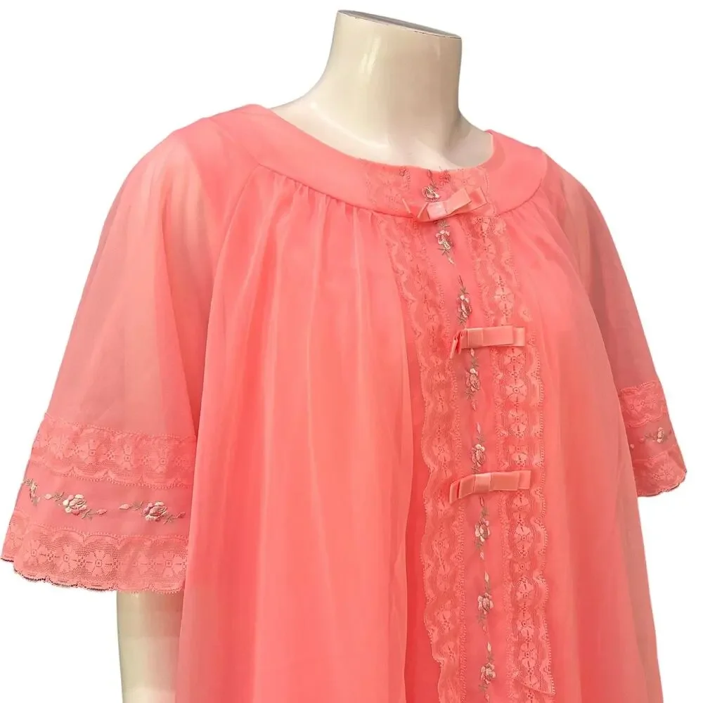 Vintage 1960s Pink Lace Nylon Floral Peignoir Robe Nightgown Set M -